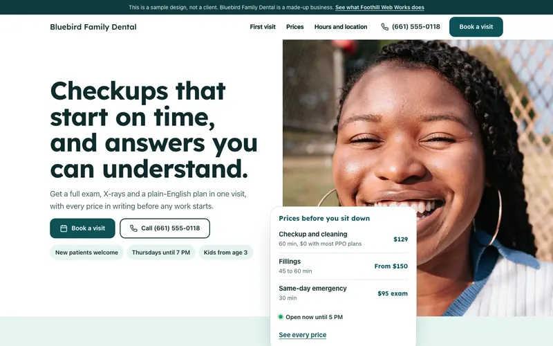 Laptop screenshot of the Bluebird Family Dental sample site