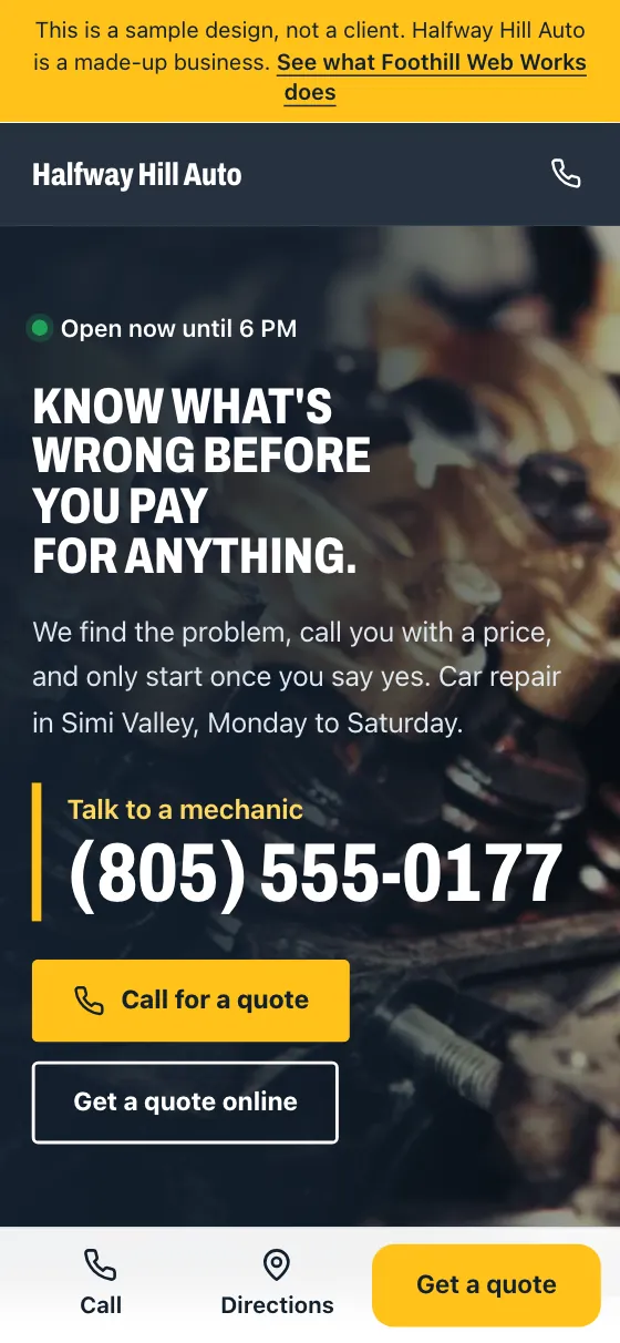 Phone screen of the Halfway Hill Auto sample site